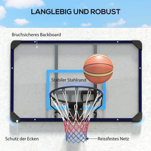 Væghængt basketballkurv med bred og mesh, stål, 113x61x73 cm, til udendørs og have