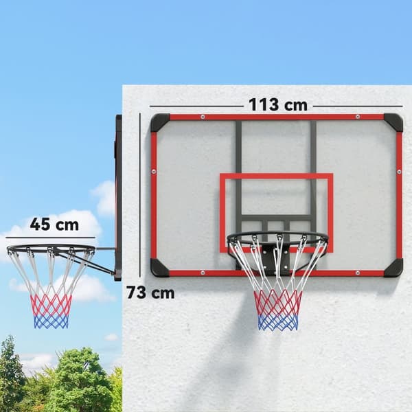 Væghængt basketballkurv med bred og mesh, stål, 113x61x73 cm, til udendørs og have