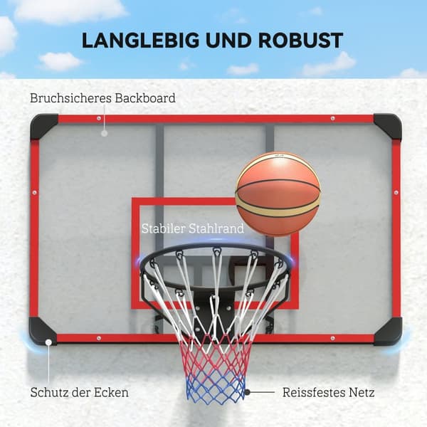 Væghængt basketballkurv med bred og mesh, stål, 113x61x73 cm, til udendørs og have