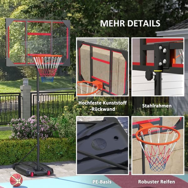 Højdejusterbar basketballkurv til børn, 210-260 cm, Mobil med Hjul, Rød