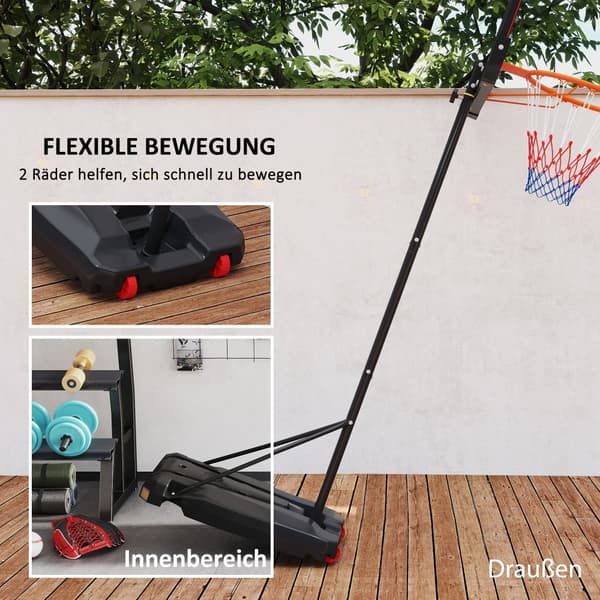 Højdejusterbar basketballkurv til børn, 210-260 cm, Mobil med Hjul, Rød