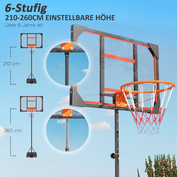 Højdejusterbar basketballkurv til børn, 210-260 cm, Mobil med Hjul, Rød
