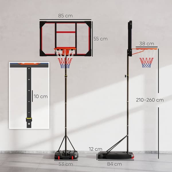 Højdejusterbar basketballkurv til børn, 210-260 cm, Mobil med Hjul, Rød