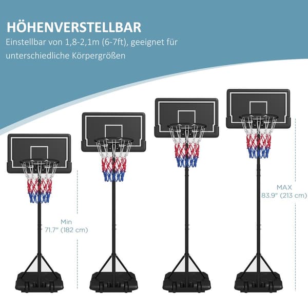 Højdejusterbar basketballkurv med stativ, 220-250 cm, Mobil med hjul til haven