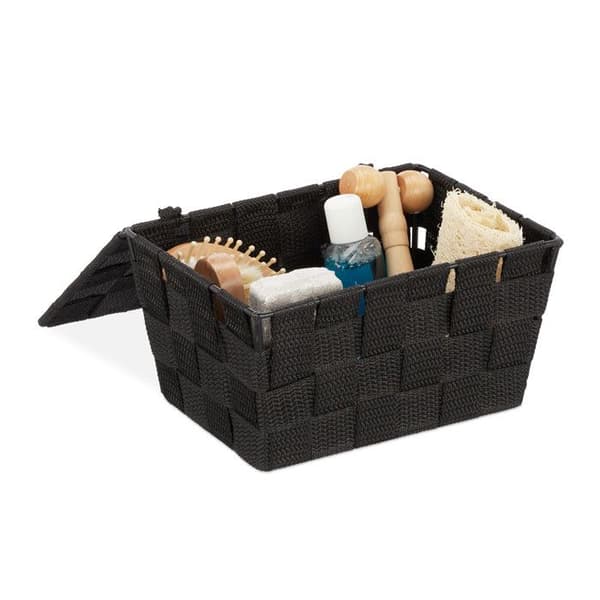 Relaxdays Förvaringskorg med lock, flätad look, organiserare, HxlxD 10,5 x 19,5 x 14,5 cm, plast, svart