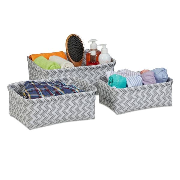 Relaxdays Set med 3 förvaringskorgar, korgar i 3 storlekar, flätade, badrum, plast, vit/grå