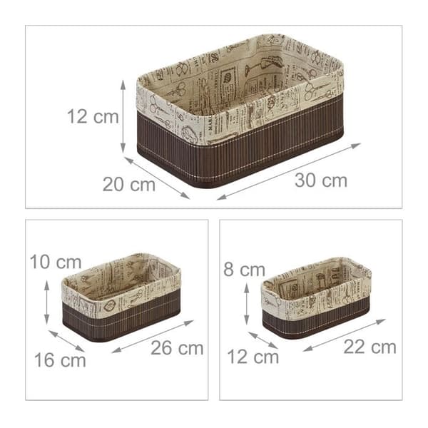 Relaxdays Bambuförvaringskorgar och tyg, 3-pack, badrumskorgar, 3 olika storlekar, brun/beige