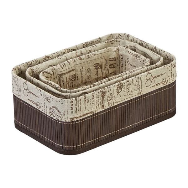 Relaxdays Bambuförvaringskorgar och tyg, 3-pack, badrumskorgar, 3 olika storlekar, brun/beige