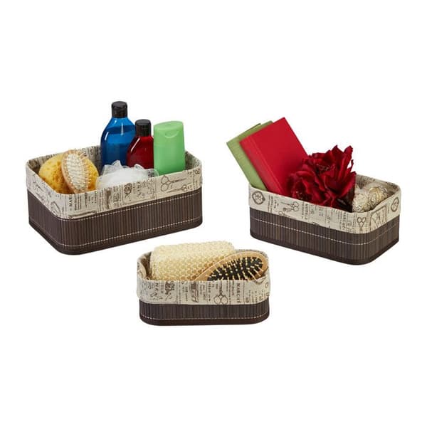 Relaxdays Bambuförvaringskorgar och tyg, 3-pack, badrumskorgar, 3 olika storlekar, brun/beige