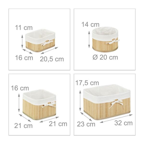 Relaxdays förvaringslåda, bambu, set med 4, garderob, hyllor och skåpkorgar, 4 olika storlekar, natur