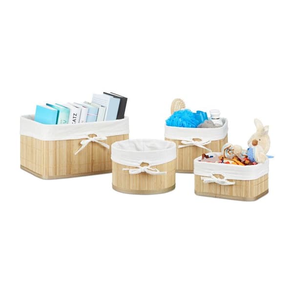 Relaxdays förvaringslåda, bambu, set med 4, garderob, hyllor och skåpkorgar, 4 olika storlekar, natur