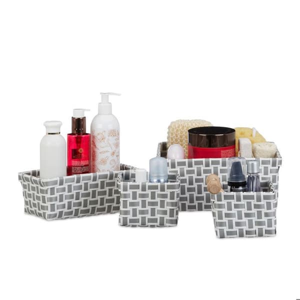 Relaxdays Förvaringslåda set med 4 plastkorgar badrum flätad kosmetik korg, vit-grå