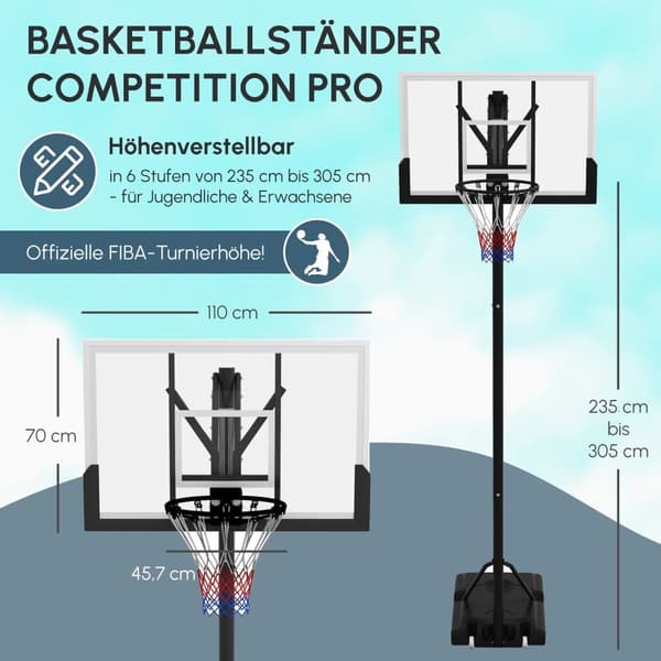 Justérbar Basketkorg, 295-365 cm, Svart
