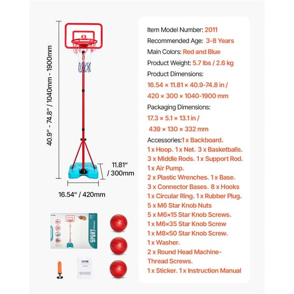 VEVOR Justerbar Basketkorg, 3-8 År, Röd och Blå,104-190CM