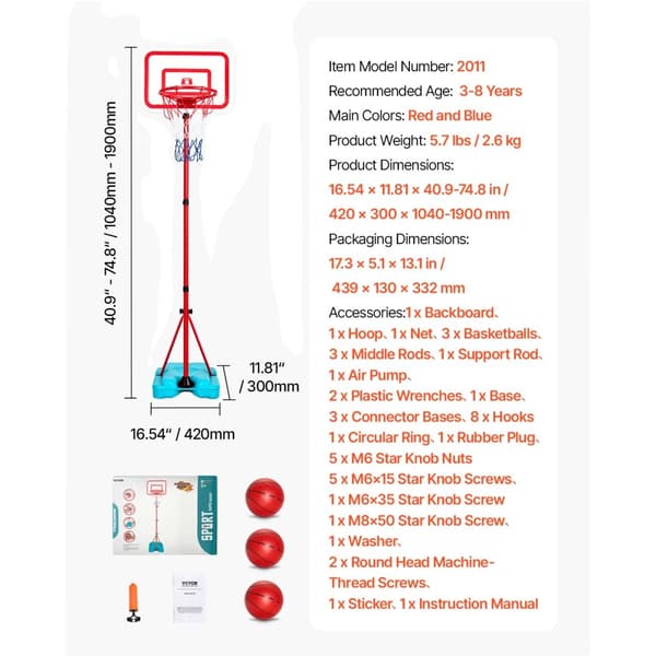 VEVOR Justerbar Basketkorg, 3-8 År, Röd och Blå,104-190CM