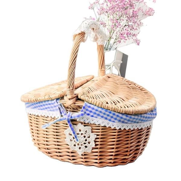 Vävd Rattan Picknickkorg, Mångsidig Förvaring, Hantverksmässig Design,ry färg  blå rutigt, Liten