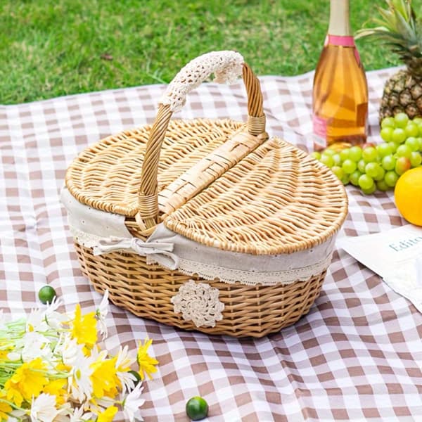 Vävd Rattan Picknickkorg, Mångsidig Förvaring, Hantverksmässig Design,Liten, lorlight Gul Grå