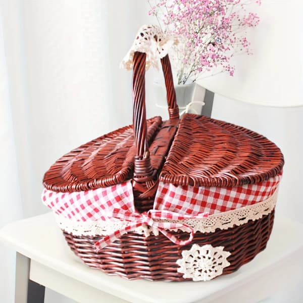 Vävd Rattan Picknickkorg, Mångsidig Förvaring, Hantverksmässig Design,Röd Brun Röd Rutnät, Liten