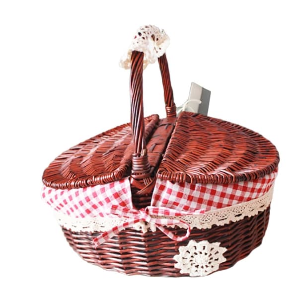 Vävd Rattan Picknickkorg, Mångsidig Förvaring, Hantverksmässig Design,Röd Brun  Röd Rutnät, Liten