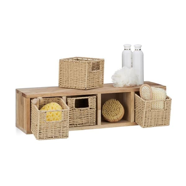 Relaxdays Etagere 4 kuber förvaring avtagbar korg trä valnöt hall sovrum kök väggmontage, natur