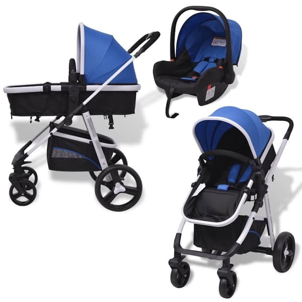 vidaXL 3-i-1 Barnvagn aluminium blå och svart