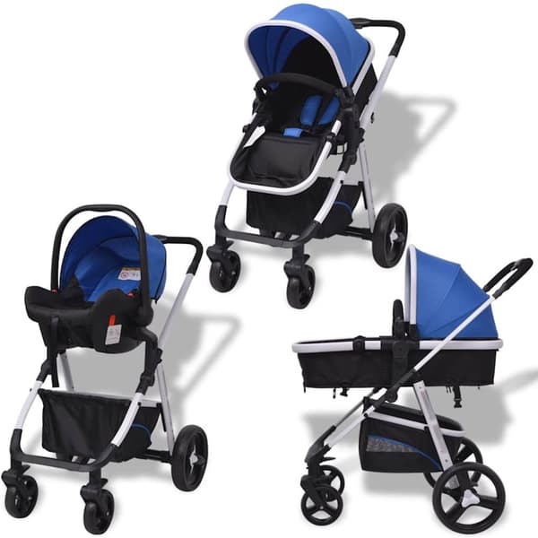 vidaXL 3-i-1 Barnvagn aluminium blå och svart
