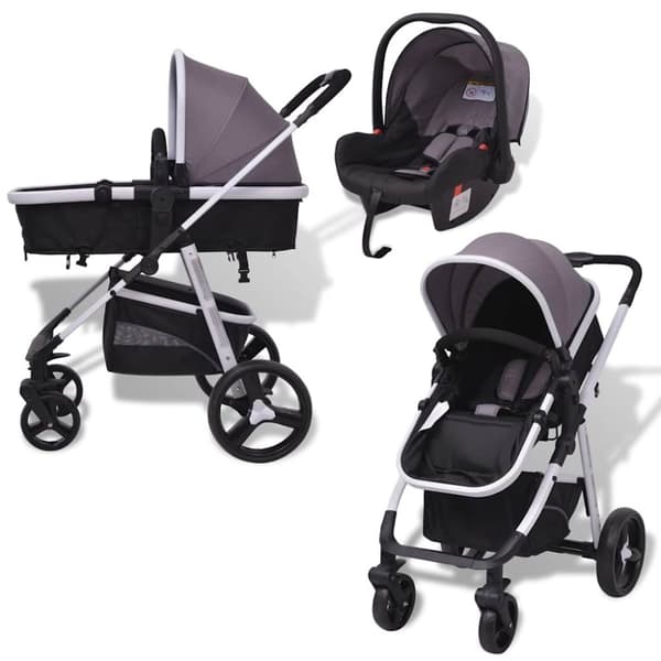 vidaXL 3-i-1 Barnvagn aluminium grå och svart