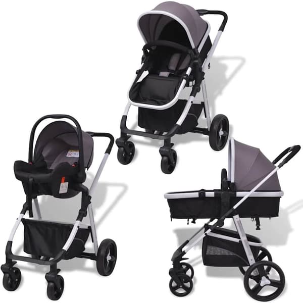 vidaXL 3-i-1 Barnvagn aluminium grå och svart