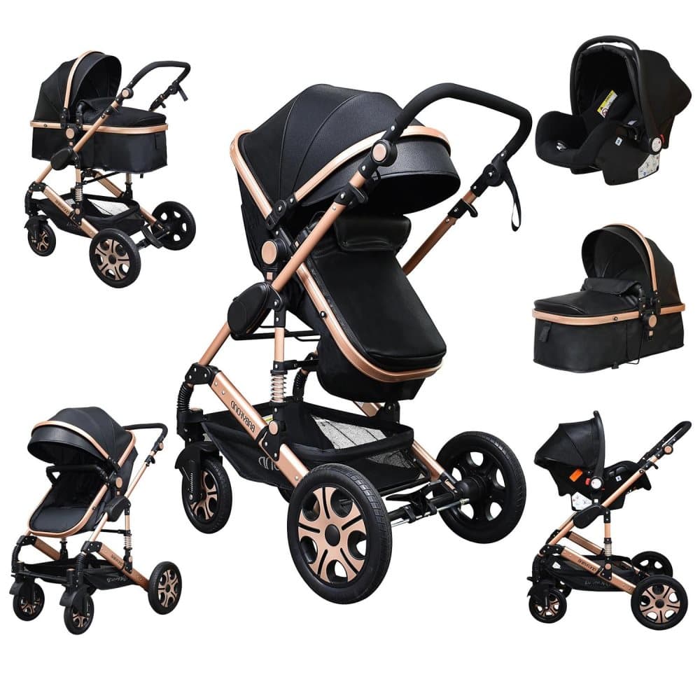 Lyxvagn - Barnvagn - 3 i 1 - Mycket säker - 600D Oxford klädsel - Hållbar - Aluminiumram - Champagne Gold