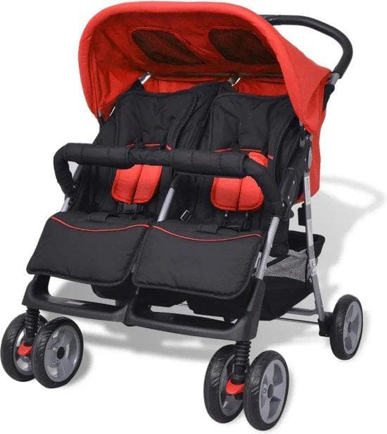 Double barnvagn - Twin Pram - Justerbar barnvagn - vikbar barnvagn - buggy - buggy barnvagn - 93 x 68 x 103 cm - röd/svart
