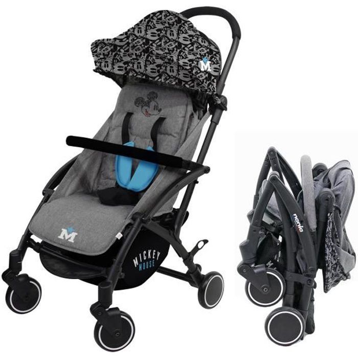 NANIA Lili kompakt vagn - 0-36 månader - Upp till 15 kg - Justerbart ryggstöd - Svängbara hjul med fjädring - Mickey denim