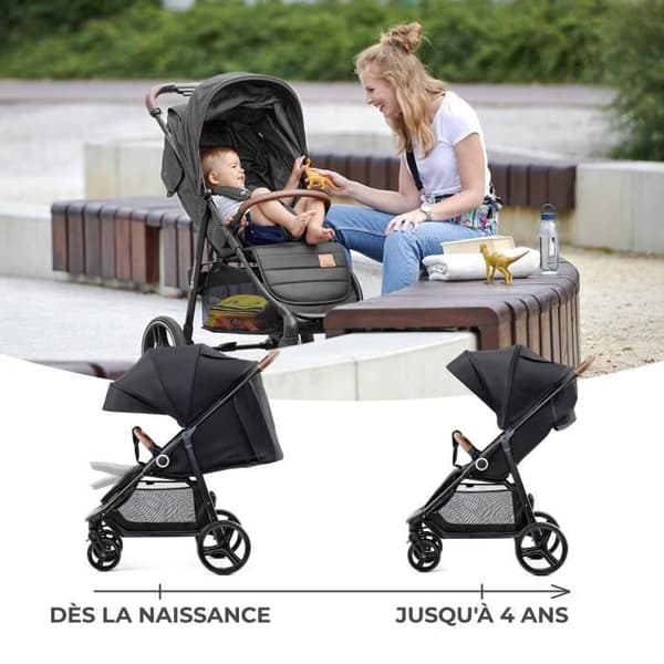 Stadsvagn - KINDERKRAFT - Stor + Svart - 4 hjul - Ryggstöd och fotstöd