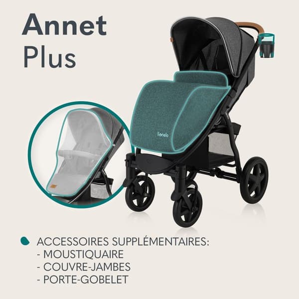 Poussette canne allt terräng LIONELO Annet Plus - Upp till 22 kg - Stora hjul - Tillbehör - Grå