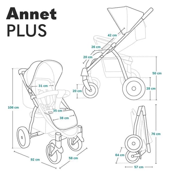 Poussette canne allt terräng LIONELO Annet Plus - Upp till 22 kg - Stora hjul - Tillbehör - Grå