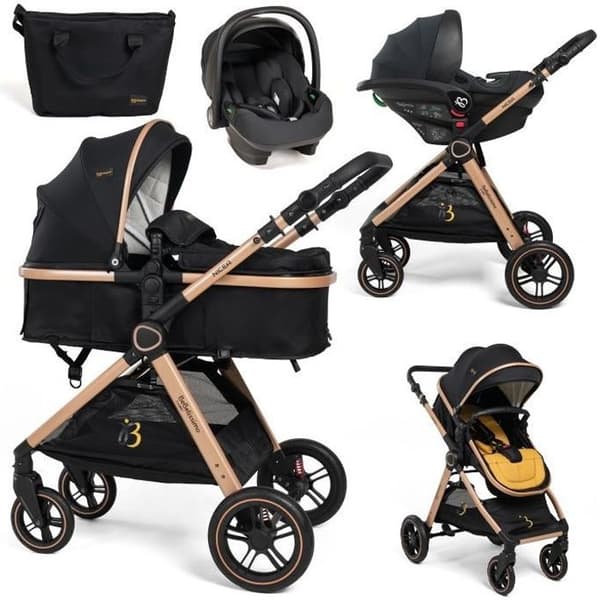BEBELISSIMO - 3 i 1 trio kombinerad barnvagn - I-storlek 40-87cm bilbarnstol - liggdel - från födseln - upp till 22 kg - Nicea - Guld