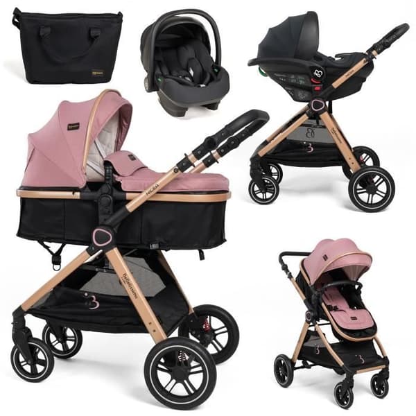 BEBELISSIMO - 3 i 1 trio kombinerad barnvagn - I-storlek 40-87cm bilbarnstol - liggdel - från födseln - upp till 22 kg - Nicea - rosa