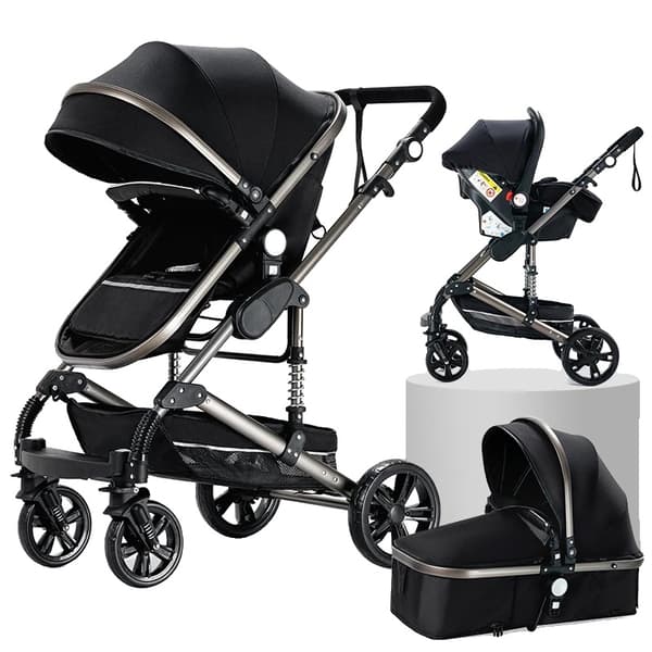 Barnvagn, 3-i-1-design, portabel och hopfällbar, V9-LJUSGRÅ All black