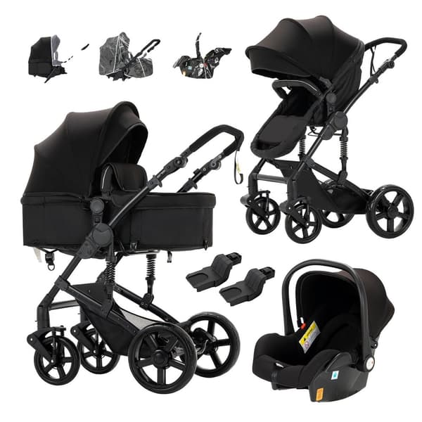 Barnvagn, 3-i-1 Funktionalitet, 20 kg Maxbelastning, Kompakt Hopfällbar Storlek 588-Black