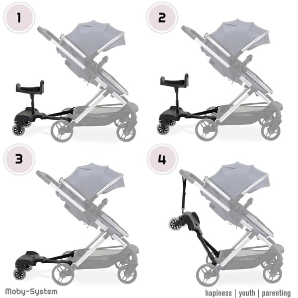 Moby-System BUGGY2GO - Universal klapvognssæde og stativplade med justerbart sæde, 360° drejelige hjul, til børn 2-5 år