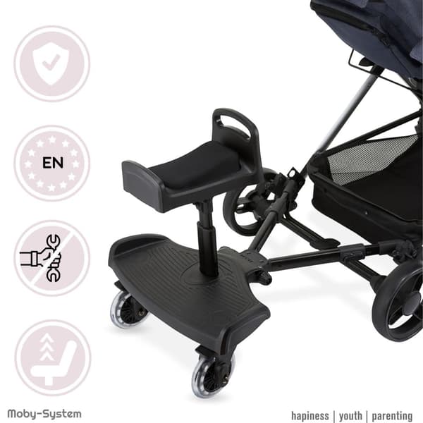 Moby-System BUGGY2GO - Universal klapvognssæde og stativplade med justerbart sæde, 360° drejelige hjul, til børn 2-5 år