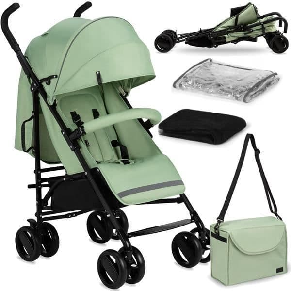MoMi AKIRA - Ultra kompakt paraplyvagn - Lätt 6.7 kg - Från 6 månader till 15 kg - Tillbehörskit - Väska och korg - Grön