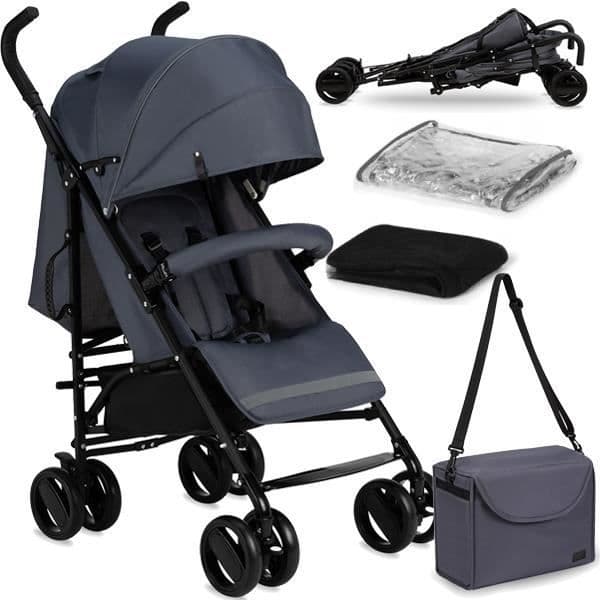 MoMi AKIRA - Ultra kompakt paraplybarnvagn - Lätt 6,7 kg - Från 6 månader till 15 kg - Tillbehörsset - Väska och korg - Grå