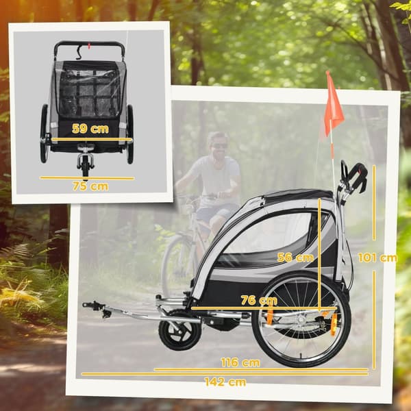 Rootz Children's Bicycle Trailer - Push Cart - Stråkare - Fällbar med bromsar - 142 x 75 x 101 cm - Säker och bekväm resa för 2 barn