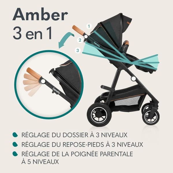 Kombinerad barnvagn LIONELO Amber 3 i 1 upp till 22 kg med liggdel, bilstol i-Size, väska och tillbehör - Svart