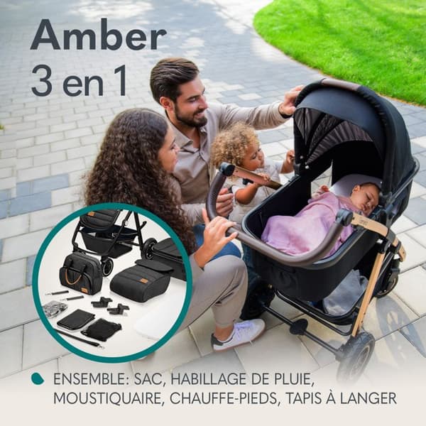 Kombinerad barnvagn LIONELO Amber 3 i 1 upp till 22 kg med liggdel, bilstol i-Size, väska och tillbehör - Svart