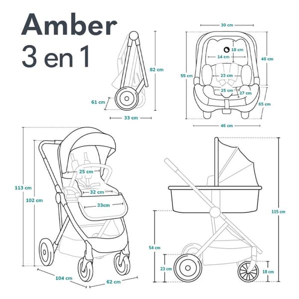 Kombinerad barnvagn LIONELO Amber 3 i 1 upp till 22 kg med liggdel, bilstol i-Size, väska och tillbehör - Svart