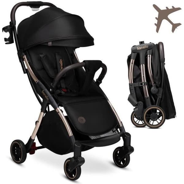 Kompakt barnvagn LIONELO Julie One - Upp till 22 kg - Lätt &amp; hopfällbar - Tillbehör - Svart / Guld