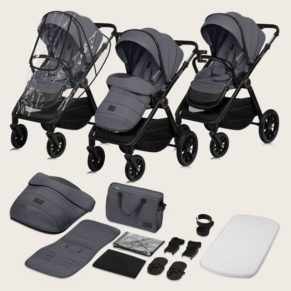 Kombinerad barnvagn 2-i-1 LIONELO Layla - Från födseln upp till 22 kg - Paket med duo barnvagn, liggdel, väska och tillbehör - Grå