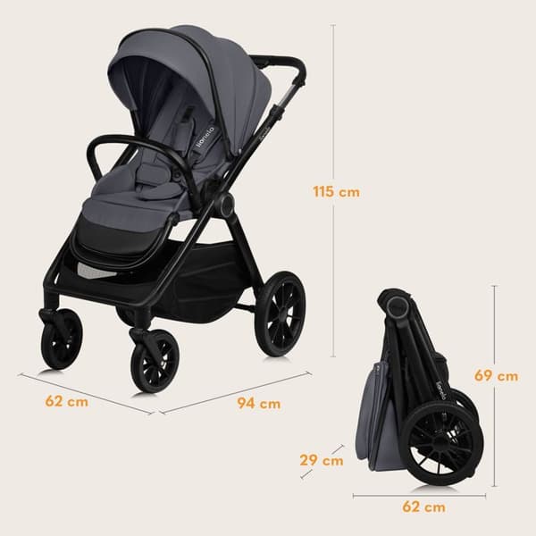 Kombinerad barnvagn 2-i-1 LIONELO Layla - Från födseln upp till 22 kg - Paket med duo barnvagn, liggdel, väska och tillbehör - Grå