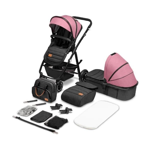 LIONELO Pack duo Barnvagn 2 i 1 baby Amber med liggdel, väska och tillbehör - Rosa